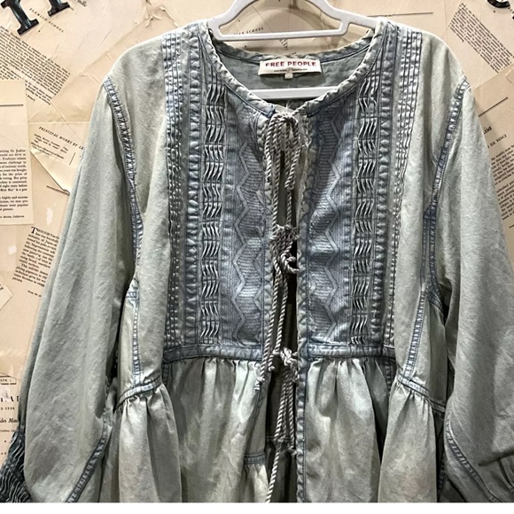 Free People Sweet Summer Bed Jacket Dress Oversize Chambray Denim Swingy - Picture 5 of 6